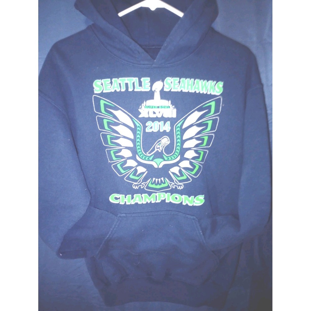 Vtg 2014 Seattle Seahawks Champions Hoodie Football NFL Made In USA Black/Green